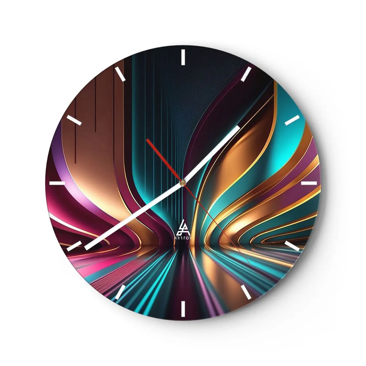 Orologio da parete - Orologio in Vetro - Linee luminose futuristiche in oro, turchese e viola - 30x30cm - Architettura di luce - Decorazione murale moderna per soggiorno, cucina e camera da letto ARTTOR