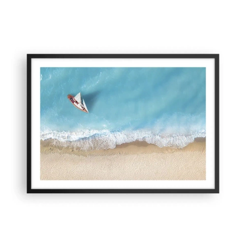 Poster in cornice nera - Una vista a volo d'uccello di una barca sulla spiaggia - 70x50cm - Al confine del blu e dell'oro - Decorazione murale moderna per soggiorno e camera da letto ARTTOR