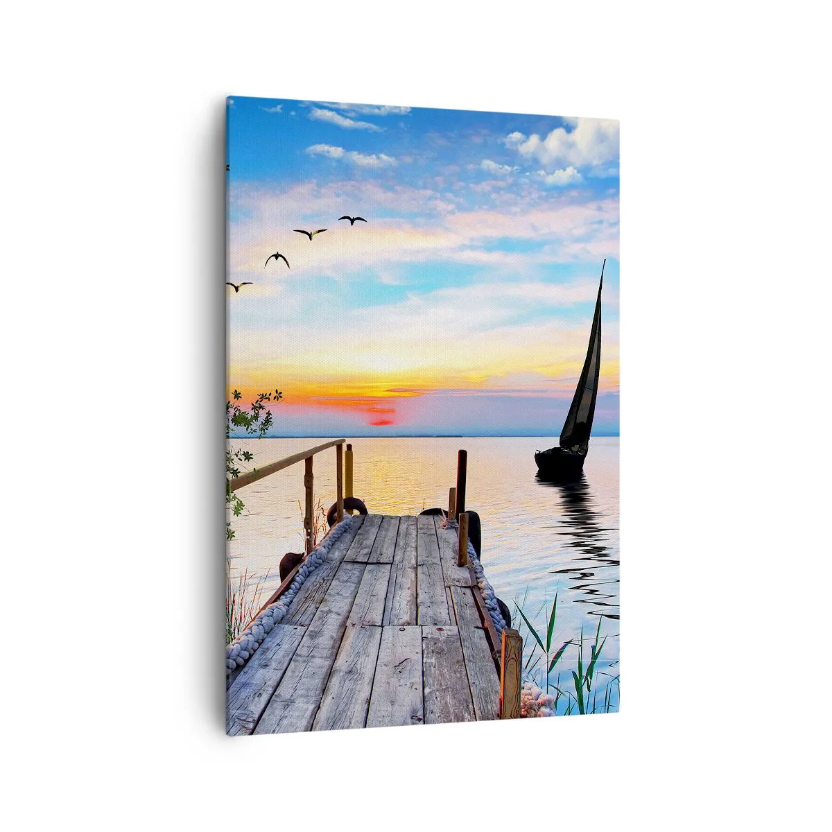 Quadro su tela - Stampe su Tela - Molo del lago con barca e tramonto - 70x100cm - Buona sera - Decorazione murale moderna per soggiorno e camera da letto ARTTOR