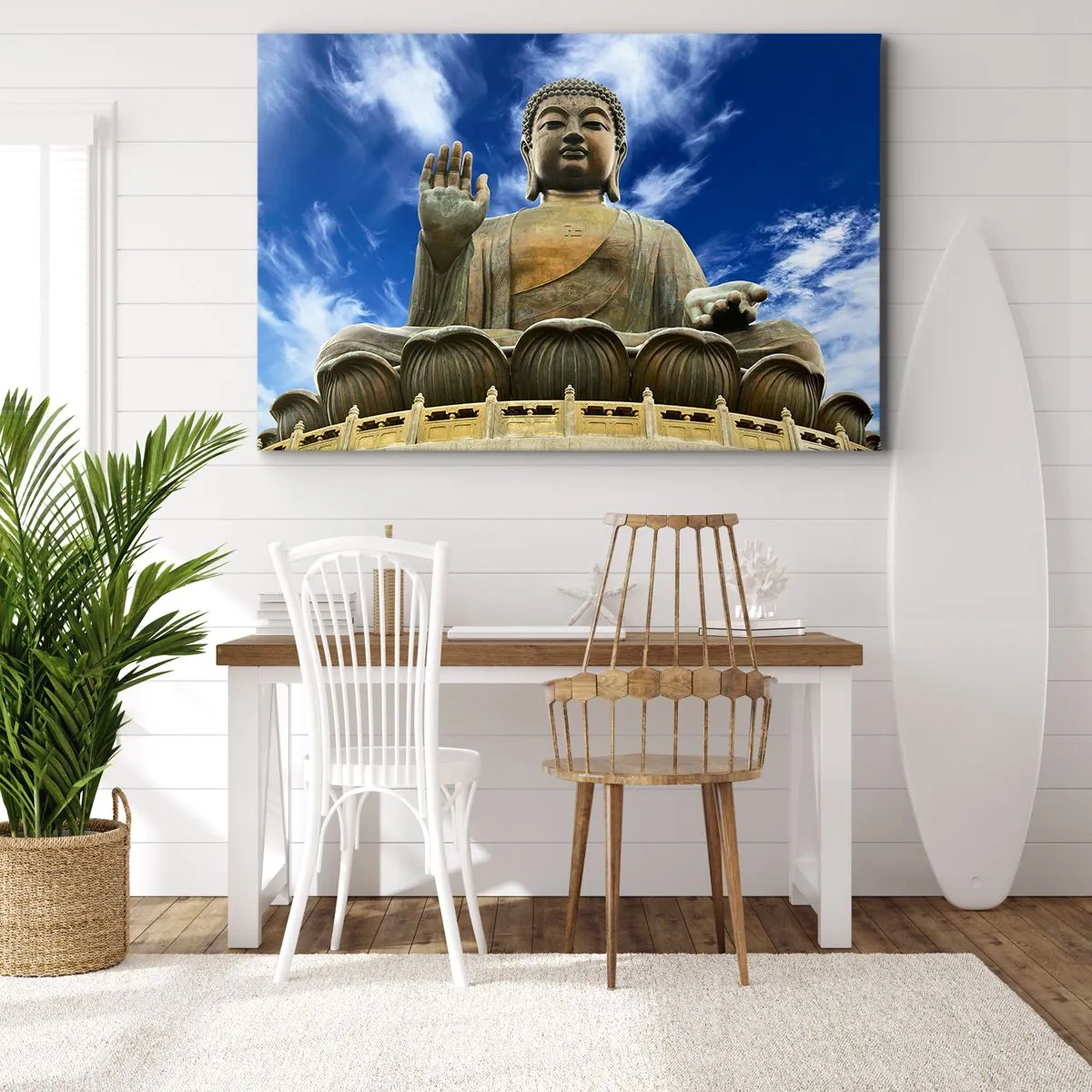 Quadro su tela - Stampe su Tela - Una statua monumentale del Buddha contro un cielo azzurro con nuvole - 120x80cm - Vivere senza paura - Decorazione murale moderna per soggiorno e camera da letto ARTTOR
