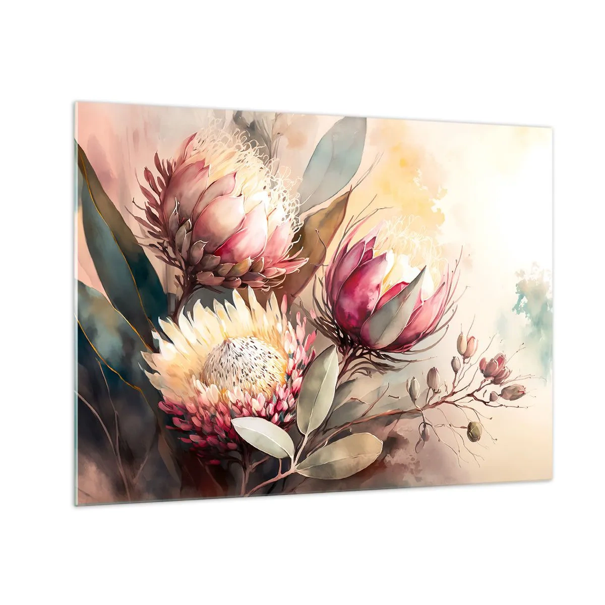 Quadro su vetro - Fiori di protea in colori pastello su uno sfondo artistico - 70x50cm - Di profilo e di fronte - Decorazione murale moderna per soggiorno e camera da letto ARTTOR
