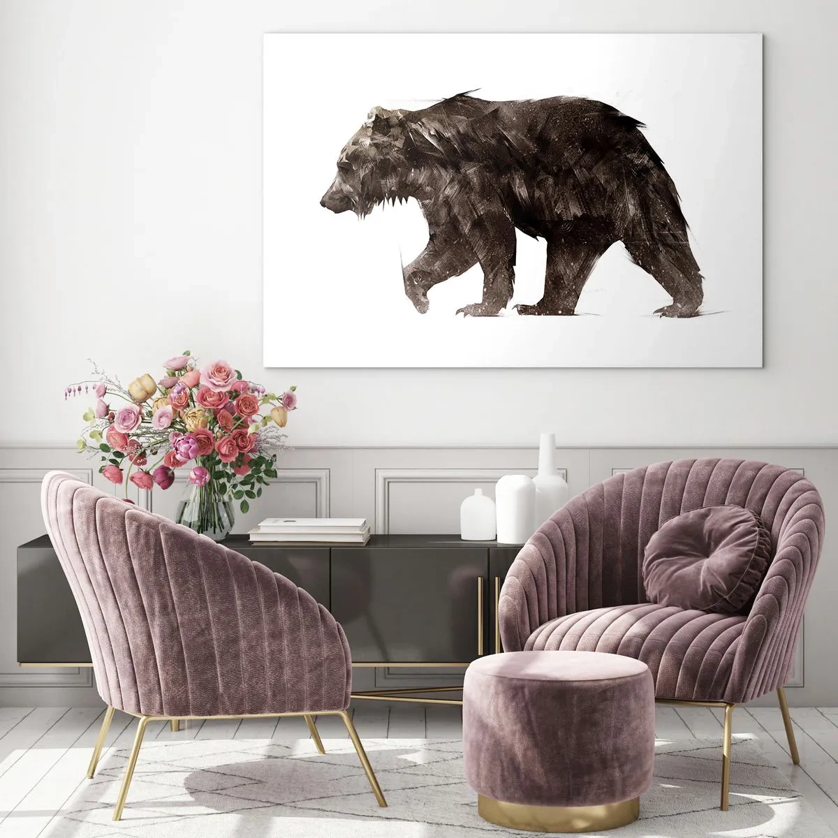 Quadro su vetro - Una rappresentazione artistica di un orso bruno nelle tonalità del marrone e del nero. - 70x50cm - Indosso sempre una vera pelliccia! - Decorazione murale moderna per soggiorno e camera da letto ARTTOR
