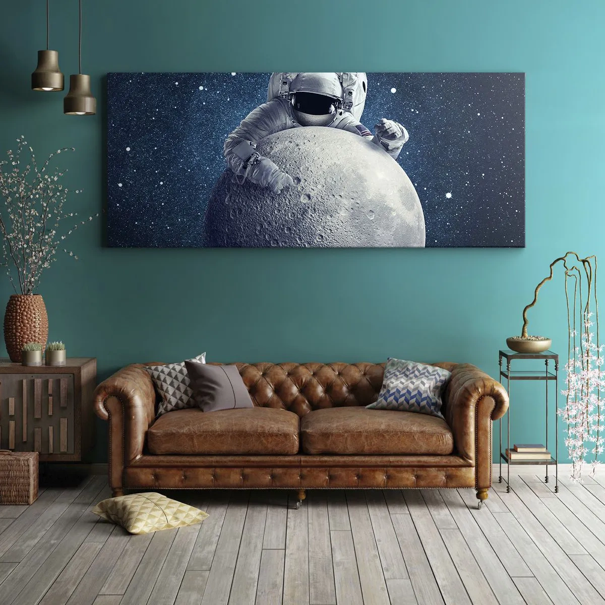 Quadro su tela - Stampe su Tela - Astronauta che tiene la luna contro un cielo stellato - 160x50cm - Burlone spaziale - Decorazione murale moderna per soggiorno e camera da letto ARTTOR