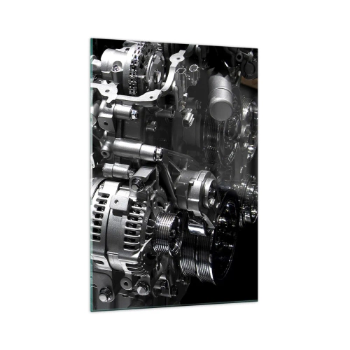 Quadro su vetro - Primo piano delle parti metalliche del motore su uno sfondo nero - 70x100cm - D'acciaio, bello, forte - Decorazione murale moderna per soggiorno e camera da letto ARTTOR