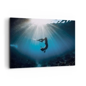Quadro su tela - Stampe su Tela - Un subacqueo che galleggia in un raggio di luce sott'acqua - 100x70cm - Danza subacquea - Decorazione murale moderna per soggiorno e camera da letto ARTTOR
