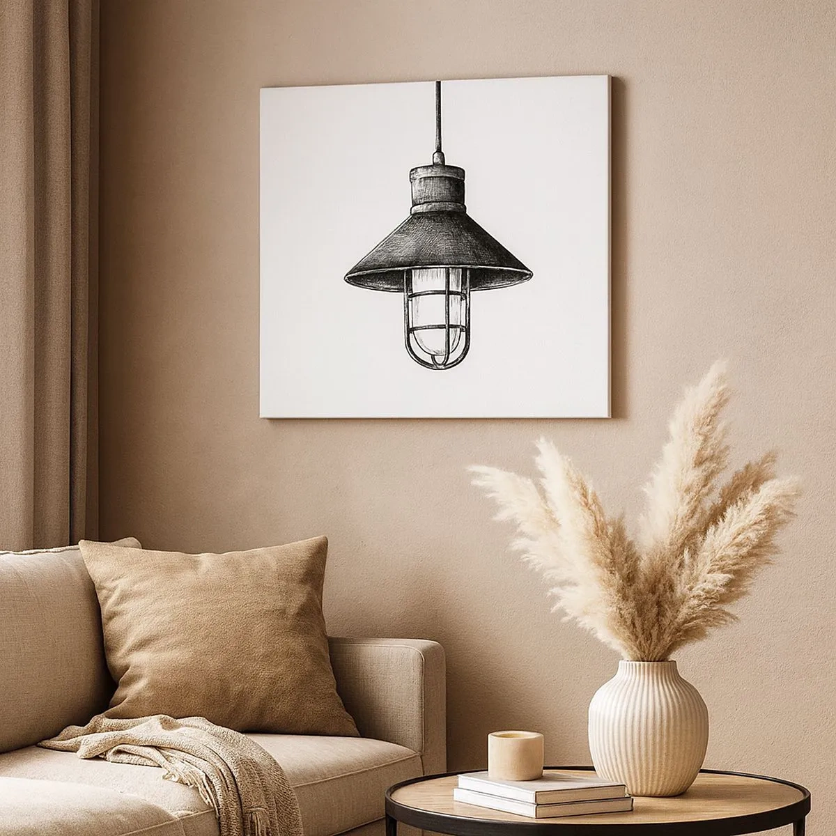 Quadro su tela - Stampe su Tela - Disegno di una lampada a sospensione retrò su sfondo bianco - 70x50cm - Come tanti anni fa... - Decorazione murale moderna per soggiorno e camera da letto ARTTOR