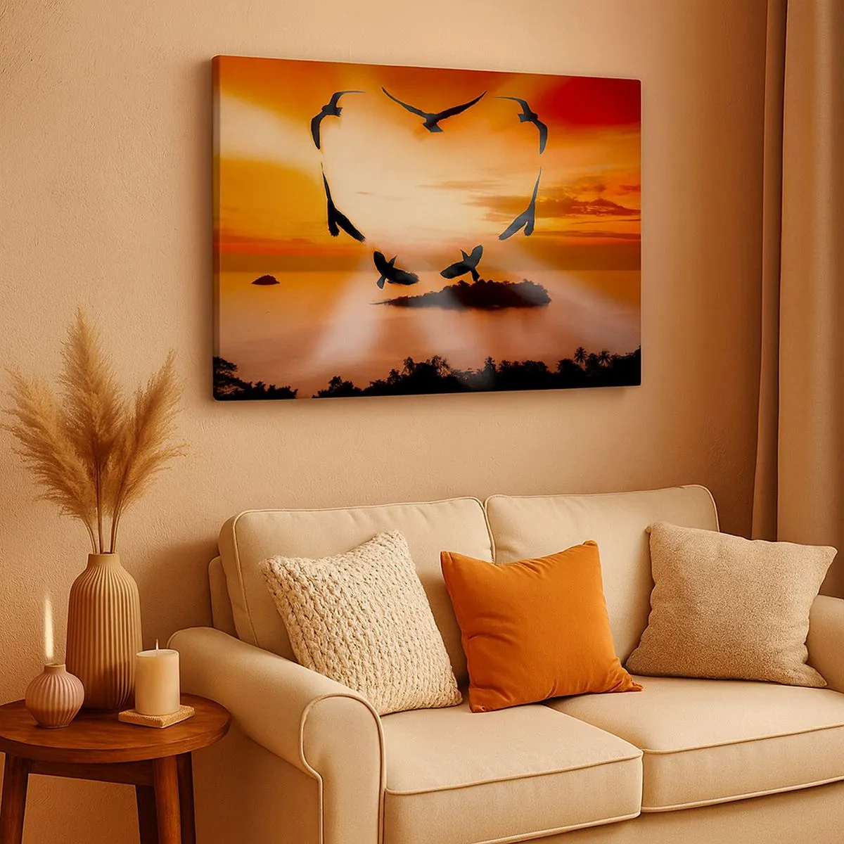 Quadro su tela - Stampe su Tela - Uccelli che formano un cuore sullo sfondo del sole al tramonto - 70x50cm - Ama il mondo come fanno gli uccelli - Decorazione murale moderna per soggiorno e camera da letto ARTTOR