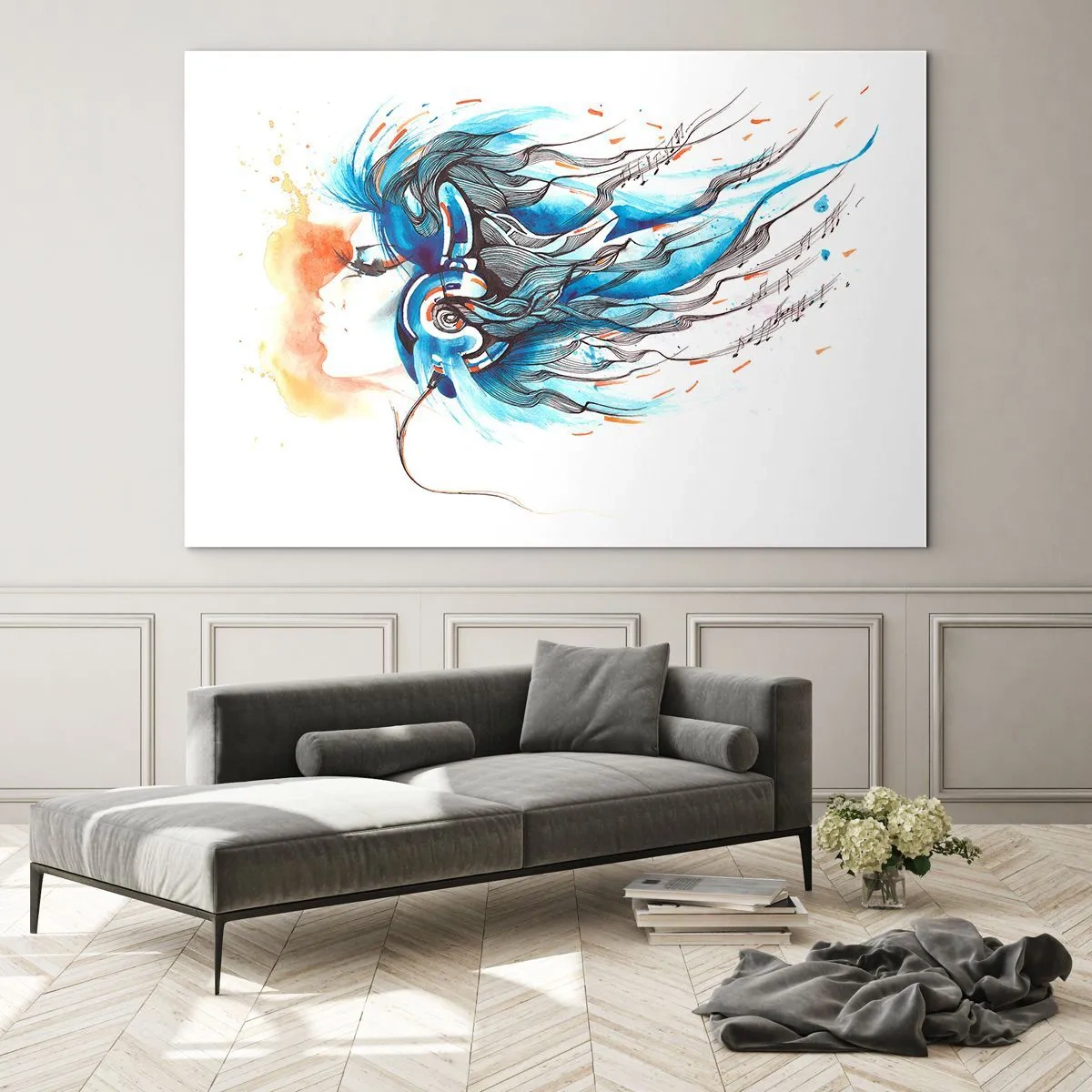 Quadro su vetro - Una donna con i capelli blu e le cuffie, in un'espressione musicale - 120x80cm - Che suoni la musica - Decorazione murale moderna per soggiorno e camera da letto ARTTOR