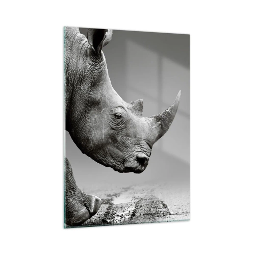 Quadro su vetro - Un rinoceronte in movimento su uno sfondo grigio - 50x70cm - Forza irrefrenabile - Decorazione murale moderna per soggiorno e camera da letto ARTTOR