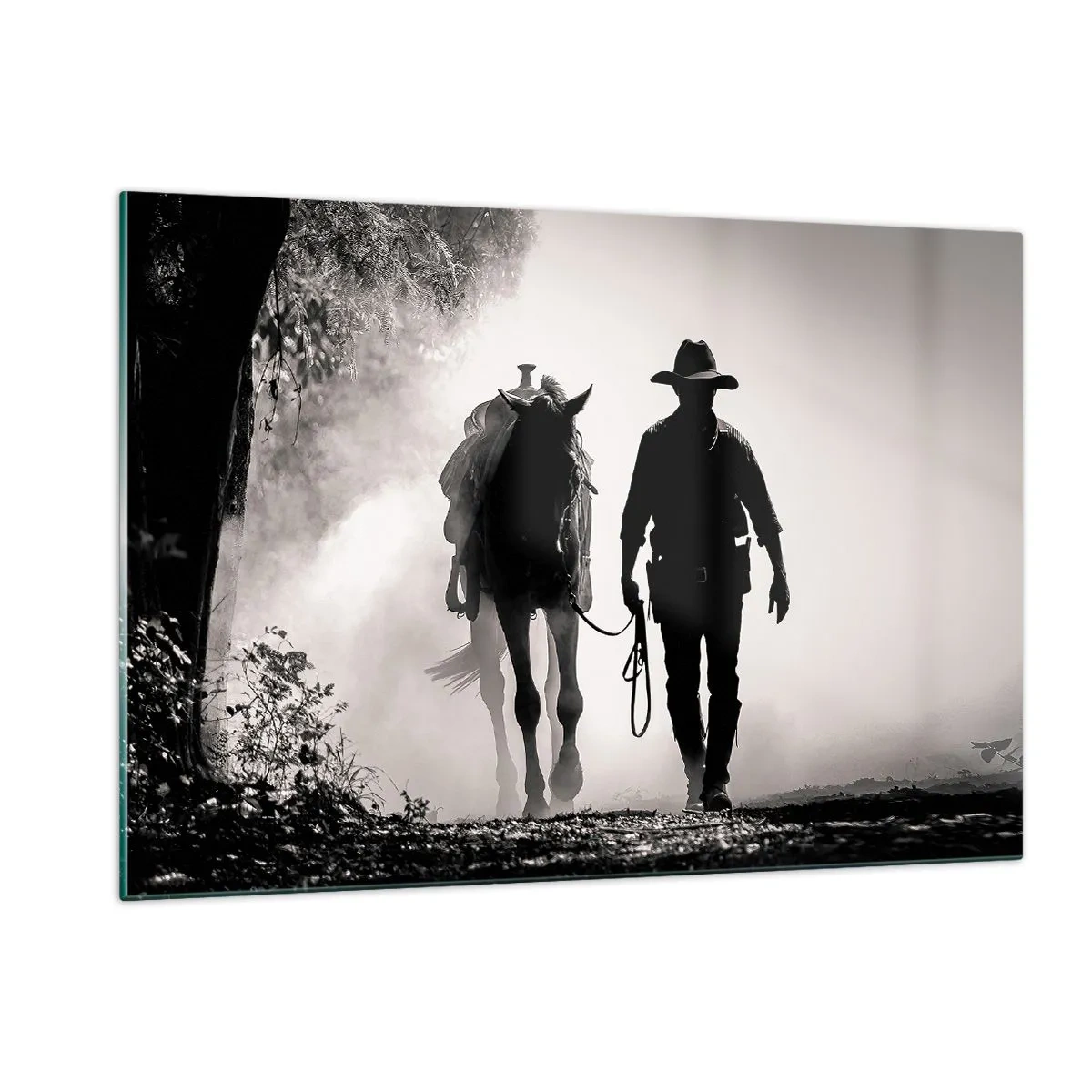 Quadro su vetro - Sagoma di un cowboy che conduce un cavallo attraverso un paesaggio nebbioso - 120x80cm - Mattino texano - Decorazione murale moderna per soggiorno e camera da letto ARTTOR