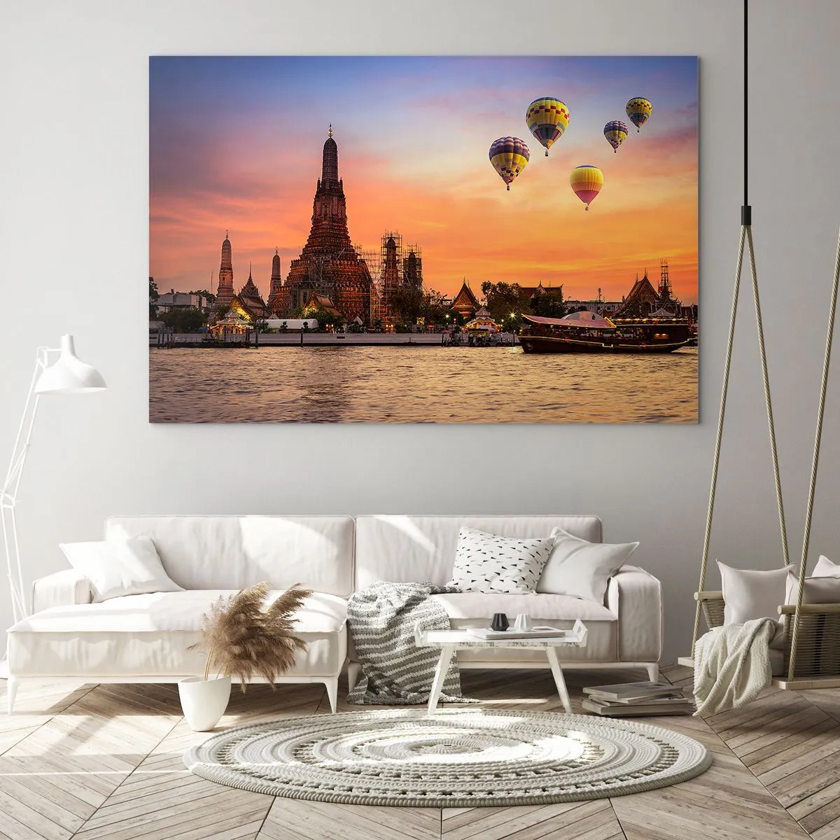 Quadro su vetro - Tempio sul fiume al tramonto con palloncini - 120x80cm - Qui nascono le favole - Decorazione murale moderna per soggiorno e camera da letto ARTTOR