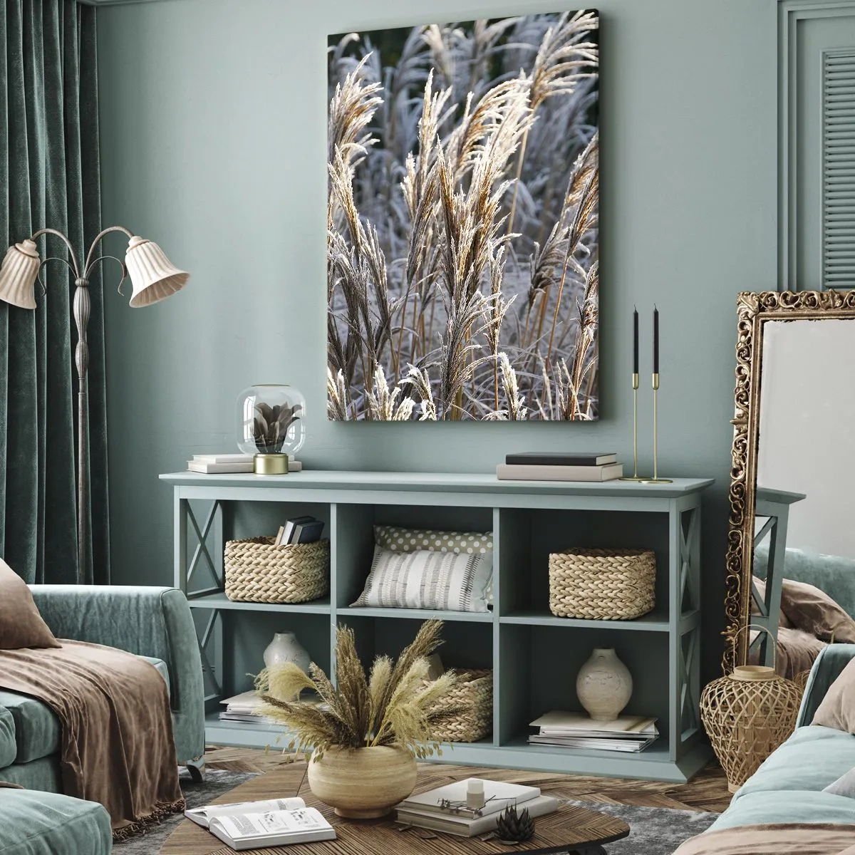 Quadro su tela - Stampe su Tela - Fili d'erba invernali ricoperti di brina su uno sfondo verde scuro - 50x70cm - Vestite di brina - Decorazione murale moderna per soggiorno e camera da letto ARTTOR