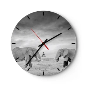 Orologio da parete - Orologio in Vetro - Due elefanti nella savana in bianco e nero - 30x30cm - Grigio è bello - Decorazione murale moderna per soggiorno, cucina e camera da letto ARTTOR