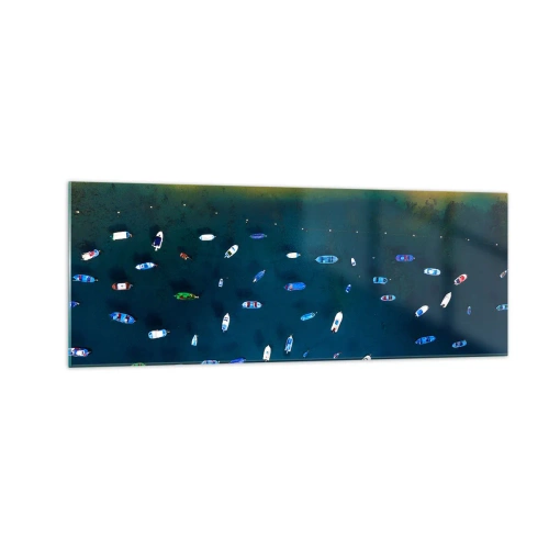 Quadro su vetro - Vista aerea di barche in acqua e di una spiaggia sabbiosa - 140x50cm - Il gioco delle vacanze - Decorazione murale moderna per soggiorno e camera da letto ARTTOR