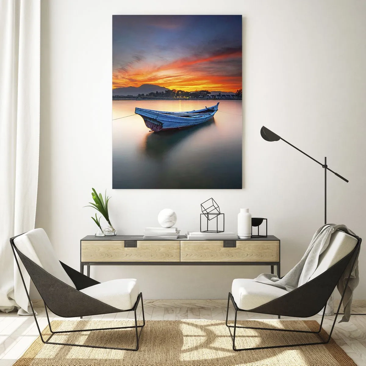 Quadro su vetro - Una barca sull'acqua durante un pittoresco tramonto - 80x120cm - Viene una notte buona - Decorazione murale moderna per soggiorno e camera da letto ARTTOR