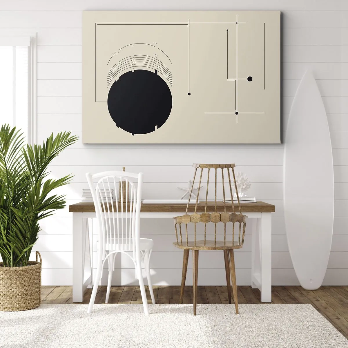 Quadro su tela - Stampe su Tela - Linee geometriche nere e un cerchio su uno sfondo beige - 70x50cm - Composizione elastica e dinamica - Decorazione murale moderna per soggiorno e camera da letto ARTTOR