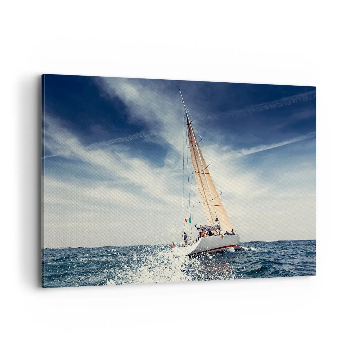 Quadro su tela - Stampe su Tela - Una barca a vela su un mare in tempesta sotto un cielo azzurro - 120x80cm - Non ci raggiungeranno! - Decorazione murale moderna per soggiorno e camera da letto ARTTOR