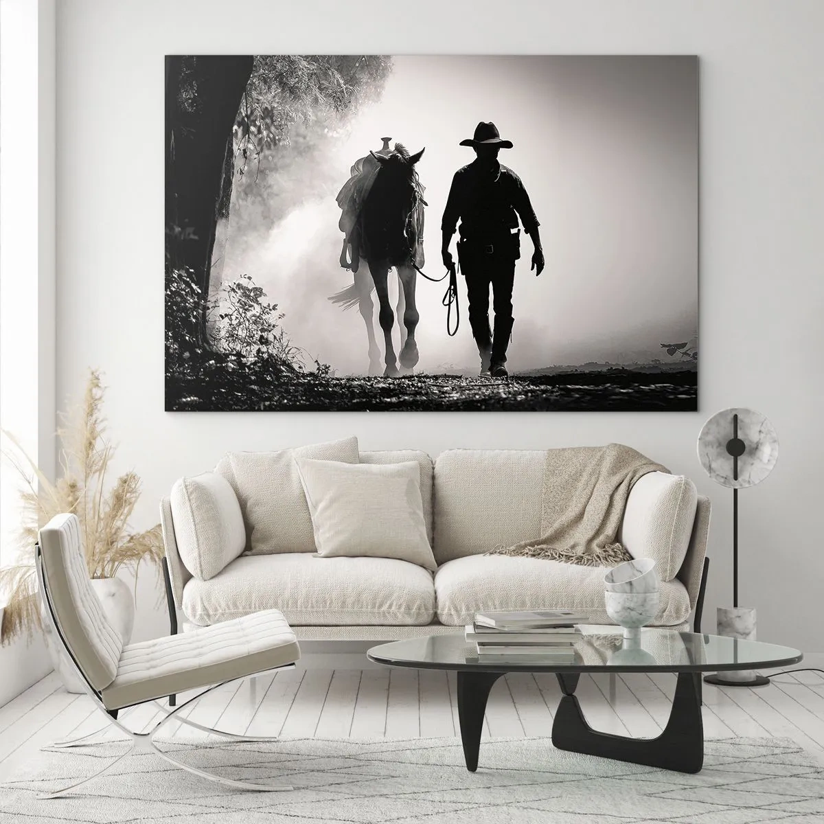 Quadro su vetro - Sagoma di un cowboy che conduce un cavallo attraverso un paesaggio nebbioso - 100x70cm - Mattino texano - Decorazione murale moderna per soggiorno e camera da letto ARTTOR