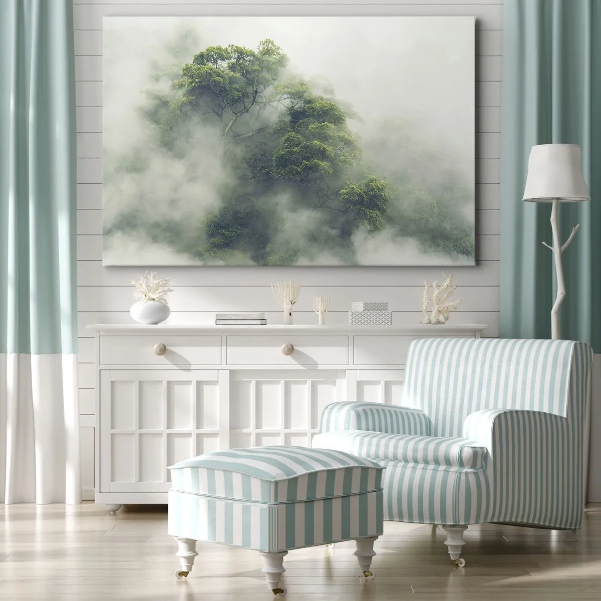 Quadro su tela - Stampe su Tela - Alberi verdi nella fitta nebbia contro uno sfondo naturale - 120x80cm - Avvolti dalla nebbia - Decorazione murale moderna per soggiorno e camera da letto ARTTOR