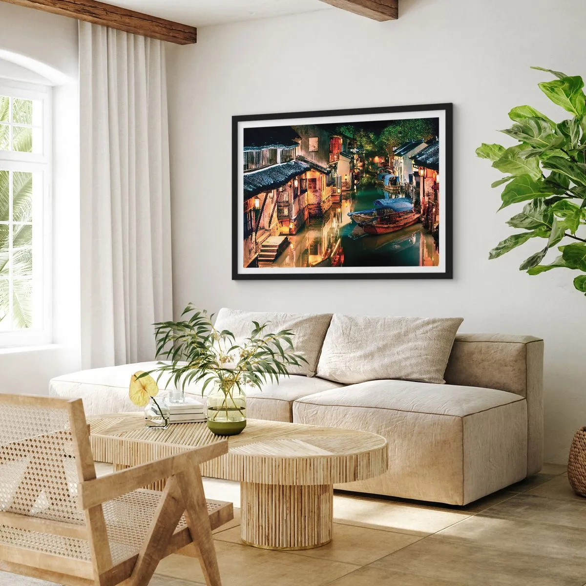 Poster in cornice nera - Sera in una via cinese - 91x61 cm