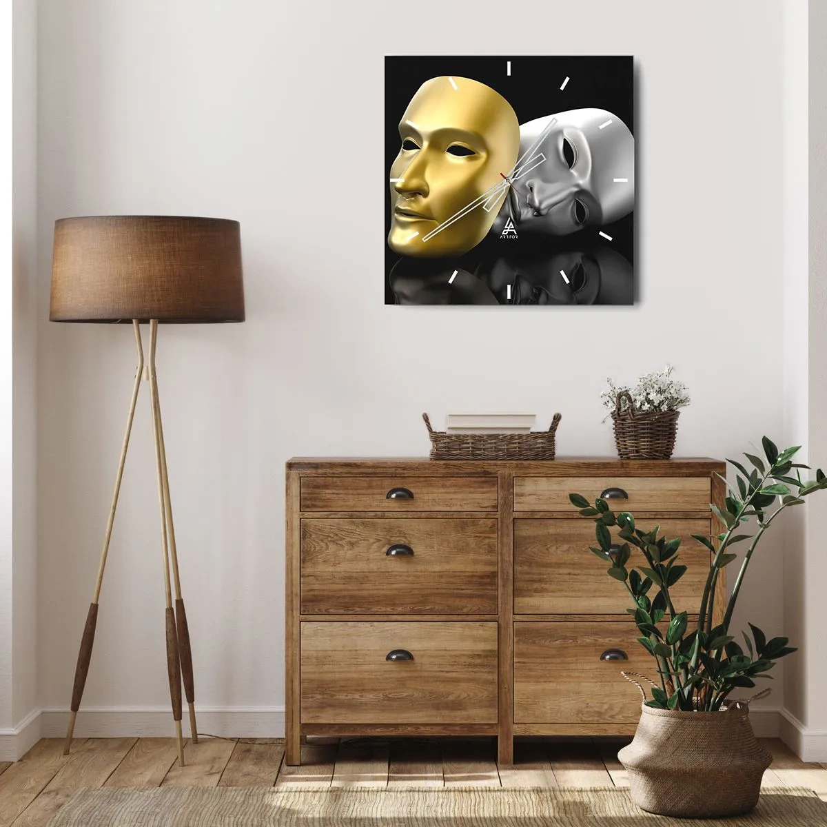 Orologio da parete - Orologio in Vetro - Maschera in oro e argento su sfondo nero - 30x30cm - La vita è teatro - Decorazione murale moderna per soggiorno e camera da letto ARTTOR