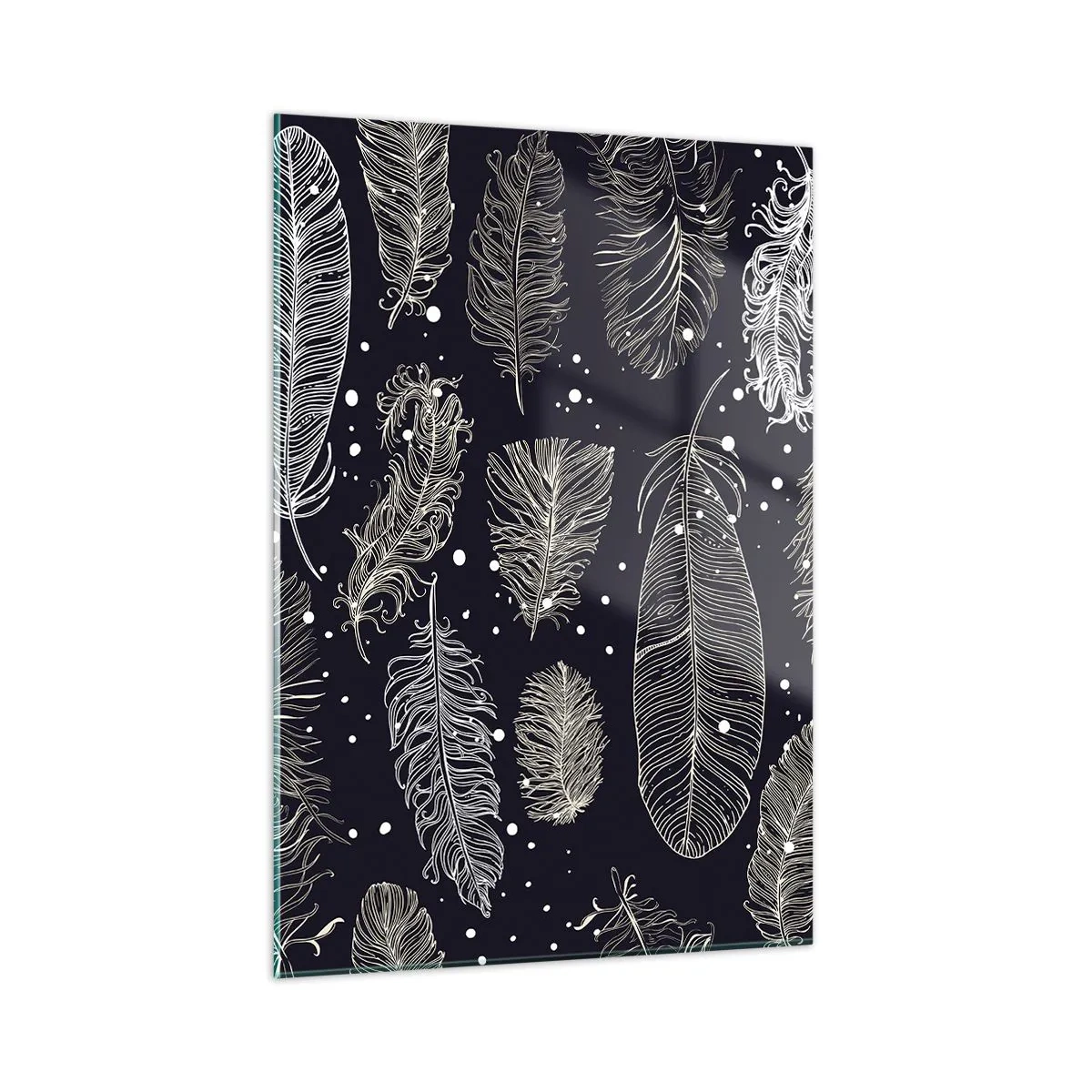 Quadro su vetro - Piume bianche su sfondo nero con dettagli sottili - 50x70cm - Pizzo piumato - Decorazione murale moderna per soggiorno e camera da letto ARTTOR