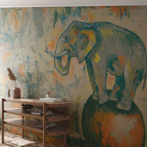 Fotomurali Premium Sand - Un elefante in equilibrio su una palla in un'astrazione artistica - 100x70cm - Evviva il circo! - Decorazione murale moderna per soggiorno e camera da letto ARTTOR