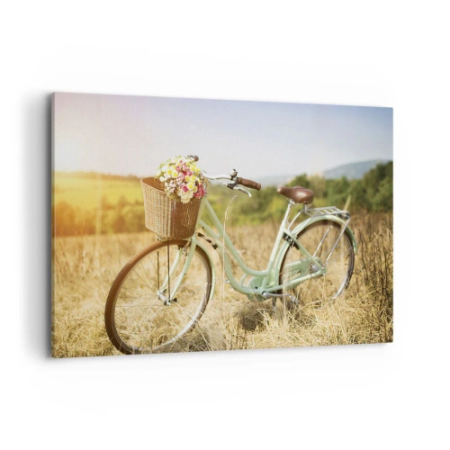 Quadro su tela - Stampe su Tela - Una bicicletta retrò con un cesto pieno di fiori sullo sfondo di un prato. - 100x70cm - Resto qui un attimo - Decorazione murale moderna per soggiorno e camera da letto ARTTOR