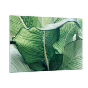 Quadro su vetro - Foglie verdi lussureggianti in primo piano e con luce naturale - 120x80cm - Una vita intensamente verde - Decorazione murale moderna per soggiorno e camera da letto ARTTOR