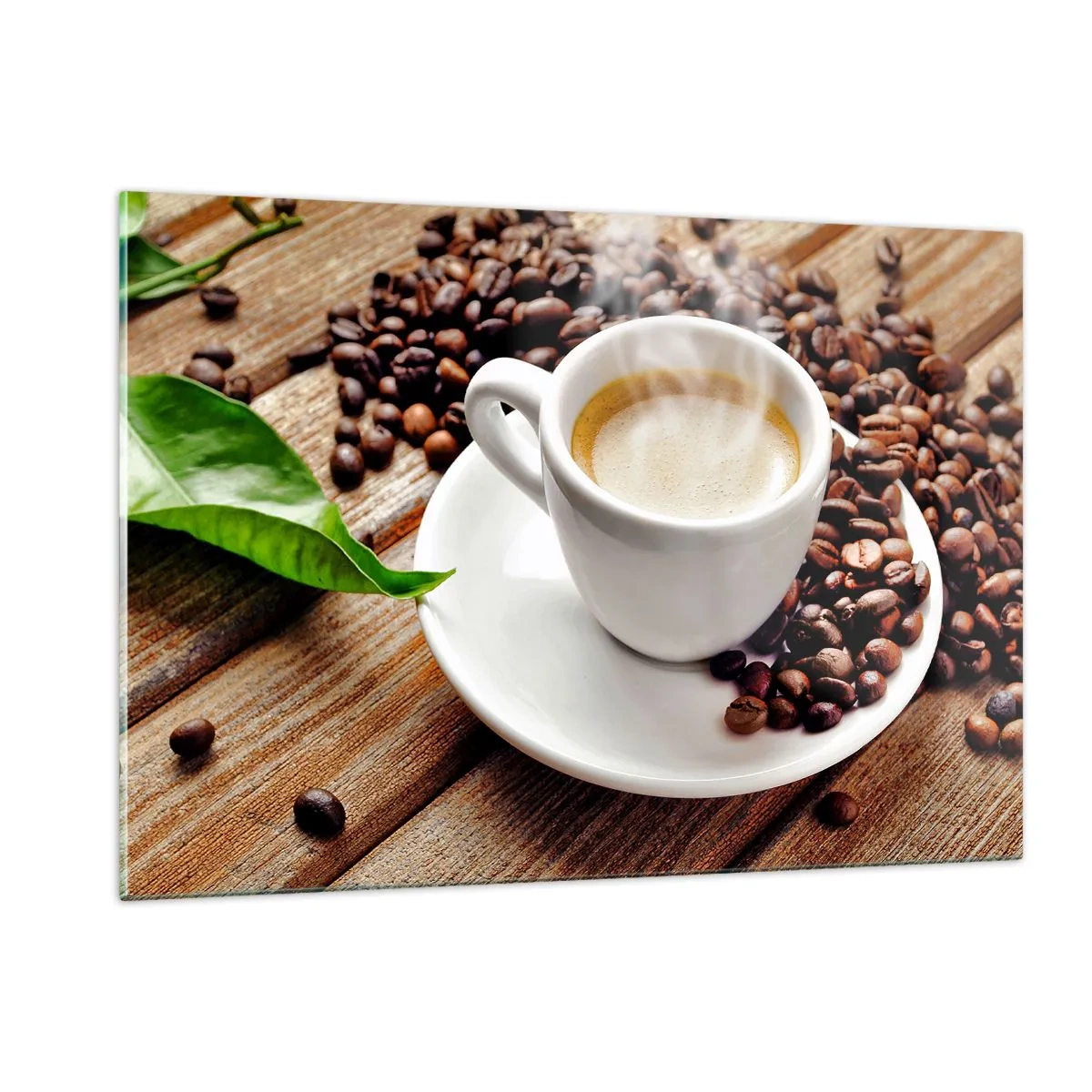 Quadro su vetro - Una tazza di caffè circondata da chicchi su un tavolo di legno - 120x80cm - Il caffè è pronto - Decorazione murale moderna per soggiorno e camera da letto ARTTOR