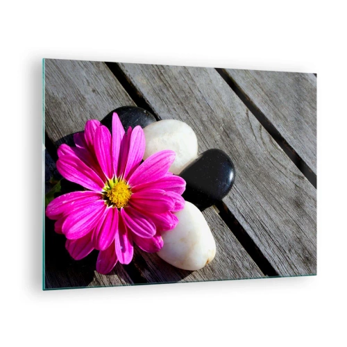 Quadro su vetro - Fiore rosa con pietre su uno sfondo di legno - 70x50cm - Riposo sul molo - Decorazione murale moderna per soggiorno e camera da letto ARTTOR
