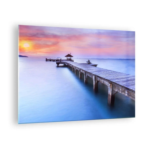 Quadro su vetro - Molo di legno all'alba su acque calme - 70x50cm - Un mare di pace fino all'orizzonte - Decorazione murale moderna per soggiorno e camera da letto ARTTOR