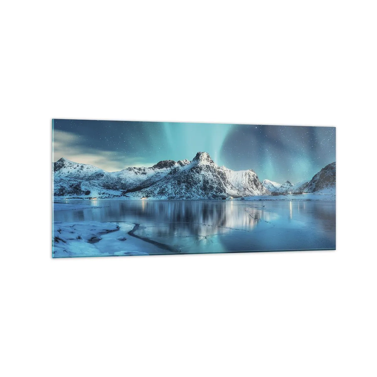 Quadro su vetro - Aurora boreale su montagne innevate e un lago - 120x50cm - Notte di luce - Decorazione murale moderna per soggiorno e camera da letto ARTTOR