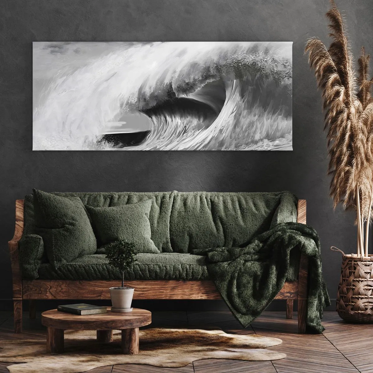 Quadro su tela - Stampe su Tela - Onda oceanica spettacolare in monocromia - 160x50cm - La furia dell'oceano - Decorazione murale moderna per soggiorno e camera da letto ARTTOR