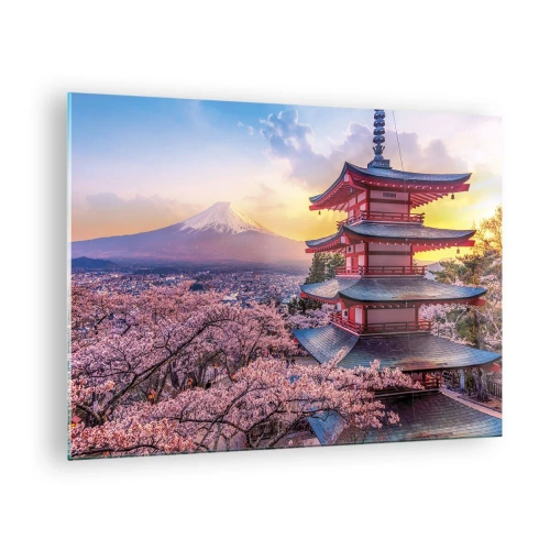Quadro su vetro - Una pagoda in un paesaggio giapponese con vista sul Monte Fuji e sugli alberi in fiore - 70x50cm - L'essenza dell'anima giapponese - Decorazione murale moderna per soggiorno e camera da letto ARTTOR