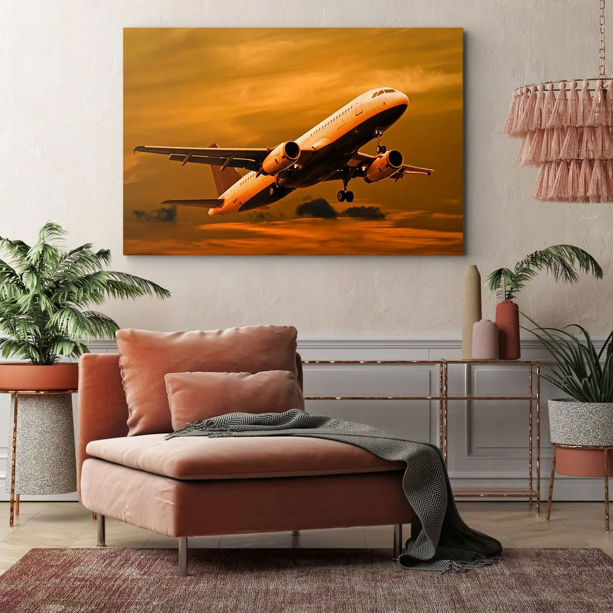 Quadro su tela - Stampe su Tela - Un aereo passeggeri decolla sullo sfondo di un cielo dorato al tramonto. - 70x50cm - In volo verso il sole - Decorazione murale moderna per soggiorno e camera da letto ARTTOR
