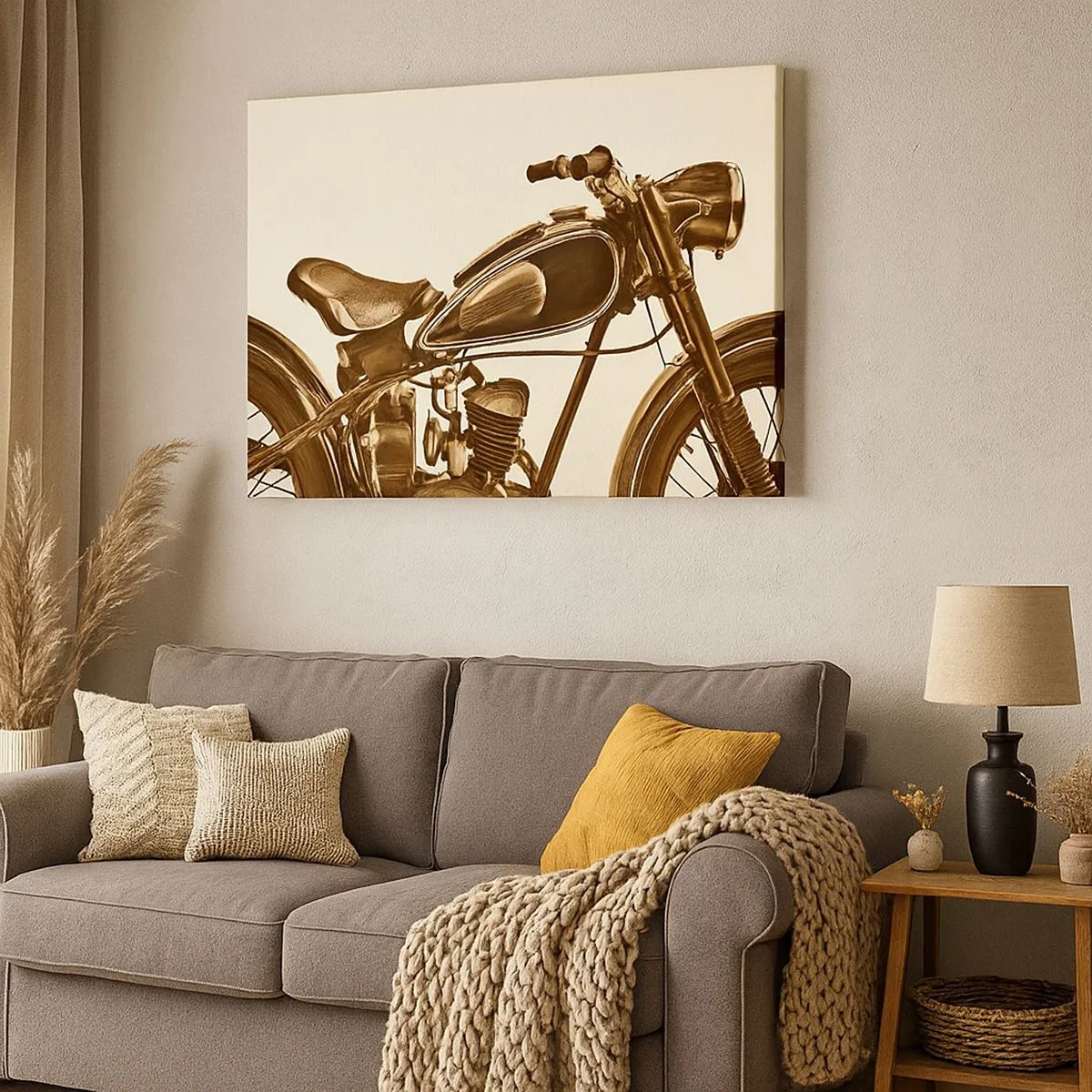 Quadro su tela - Stampe su Tela - Una motocicletta retrò d'epoca su uno sfondo chiaro - 70x50cm - Nostalgia per la classicità - Decorazione murale moderna per soggiorno e camera da letto ARTTOR