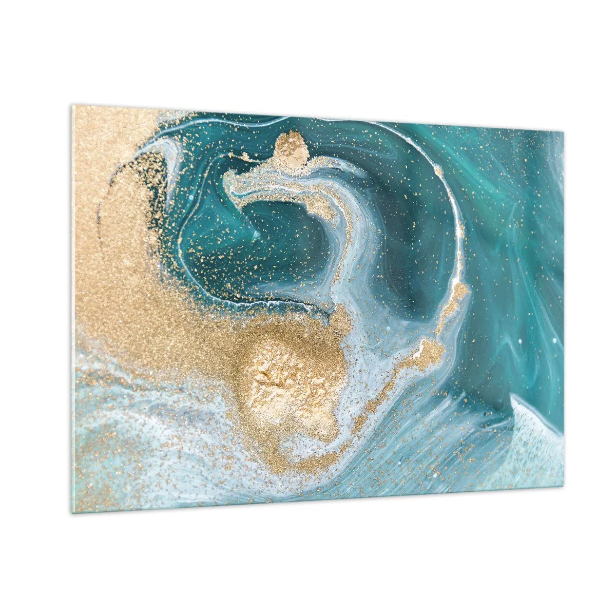 Quadro su vetro - Oro su onde turchesi in stile astratto - 100x70cm - Vortice di oro e turchese - Decorazione murale moderna per soggiorno e camera da letto ARTTOR