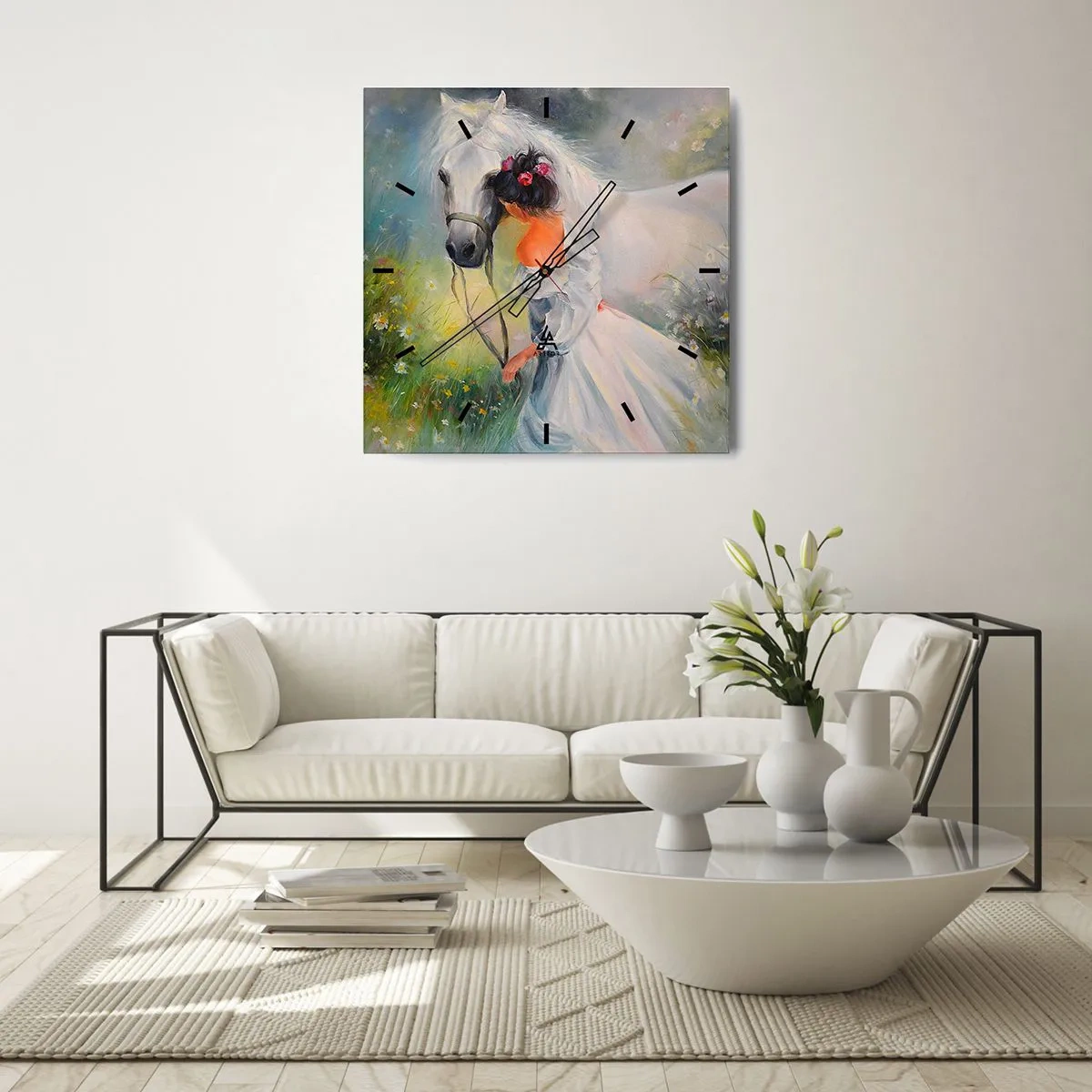 Orologio da parete - Orologio in Vetro - Una donna con un cavallo bianco in un ambiente pittoresco - 30x30cm - Come in un bel sogno - Decorazione murale moderna per soggiorno e camera da letto ARTTOR