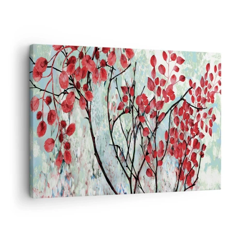 Quadro su tela - Stampe su Tela - Foglie rosse contro un cielo luminoso con motivi astratti - 70x50cm - Albero in scarlatto - Decorazione murale moderna per soggiorno e camera da letto ARTTOR