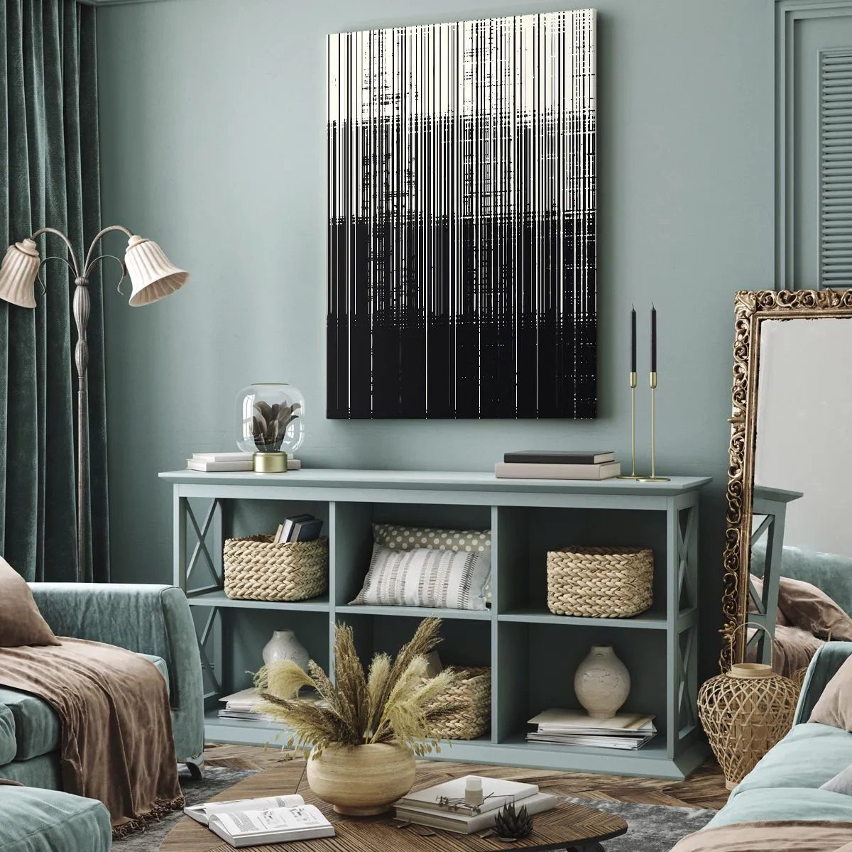 Quadro su tela - Stampe su Tela - Composizione astratta di linee in bianco e nero contrastanti - 50x70cm - Onde e vibrazioni - Decorazione murale moderna per soggiorno e camera da letto ARTTOR
