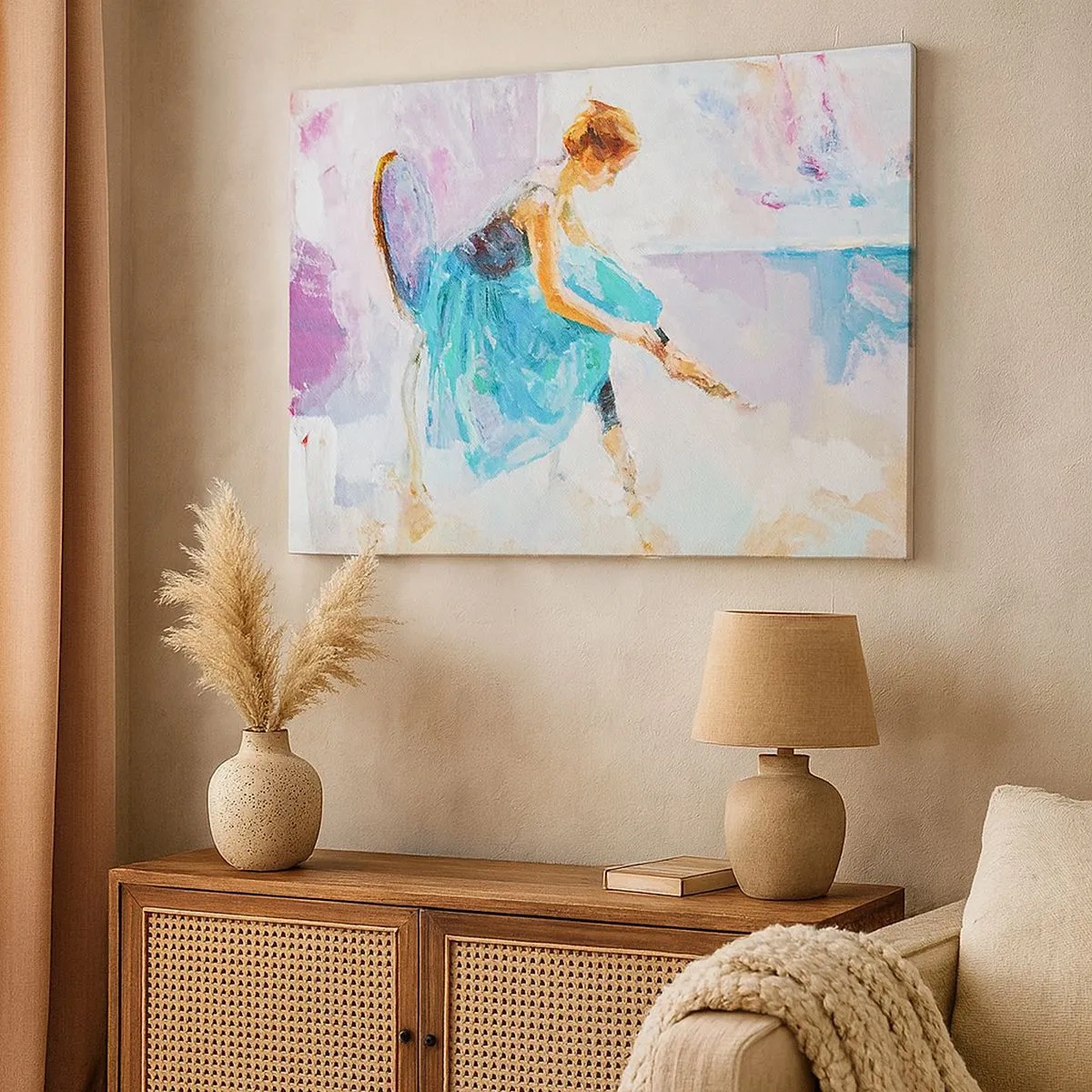 Quadro su tela - Stampe su Tela - Una ballerina si prepara a ballare in tonalità pastello. - 70x50cm - Grazia ineffabile, fascino sottile - Decorazione murale moderna per soggiorno e camera da letto ARTTOR