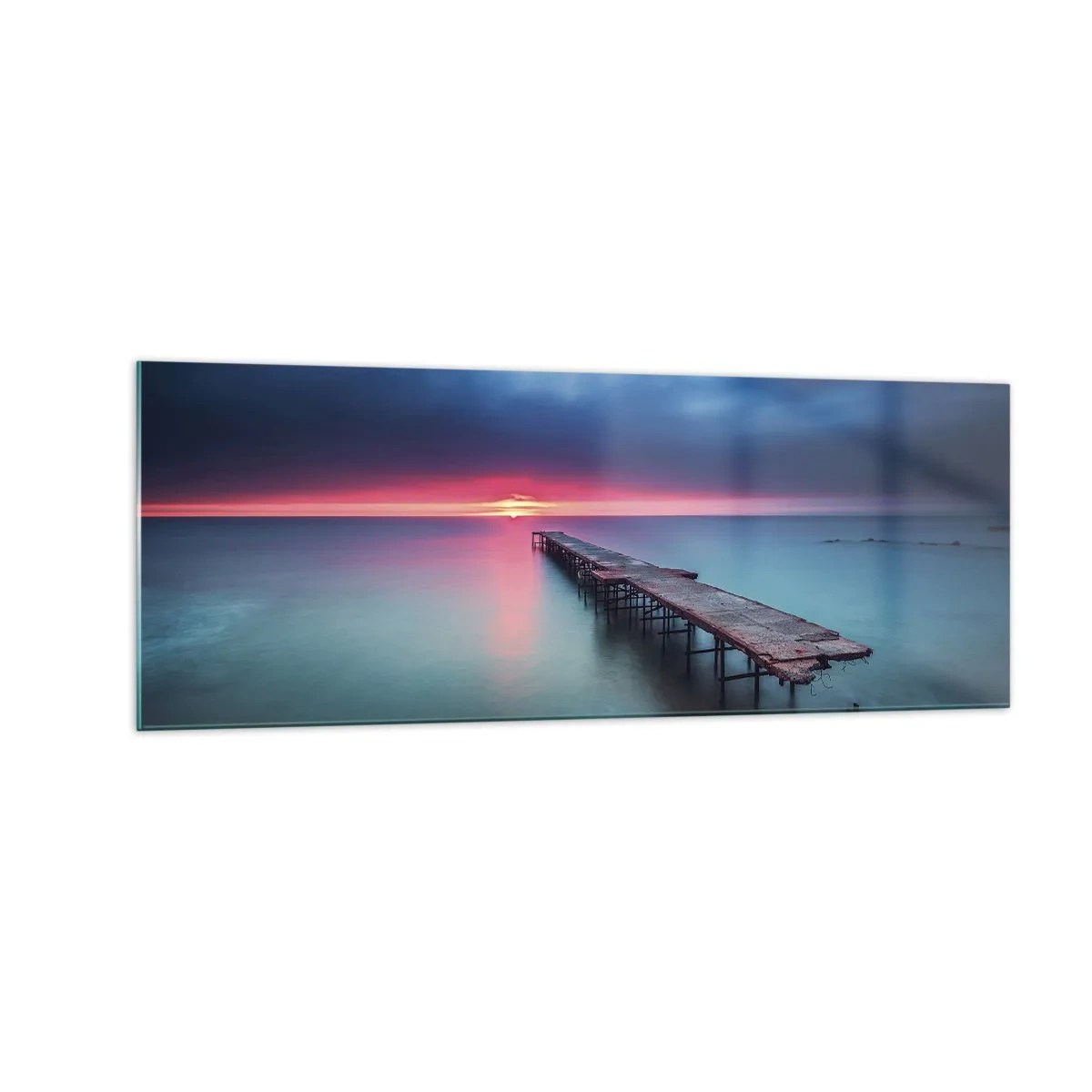 Quadro su vetro - Un molo di legno che conduce direttamente al mare al tramonto - 140x50cm - Tra il cielo e la terra - Decorazione murale moderna per soggiorno e camera da letto ARTTOR