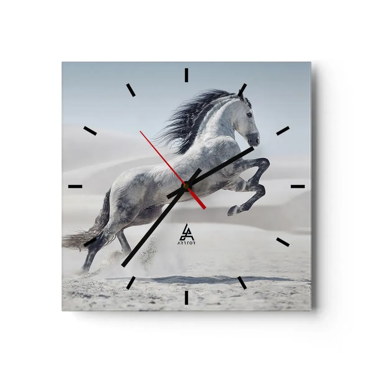 Orologio da parete - Orologio in Vetro - Un cavallo bianco al galoppo sullo sfondo delle dune del deserto - 30x30cm - Il principe arabo - Decorazione murale moderna per soggiorno e camera da letto ARTTOR