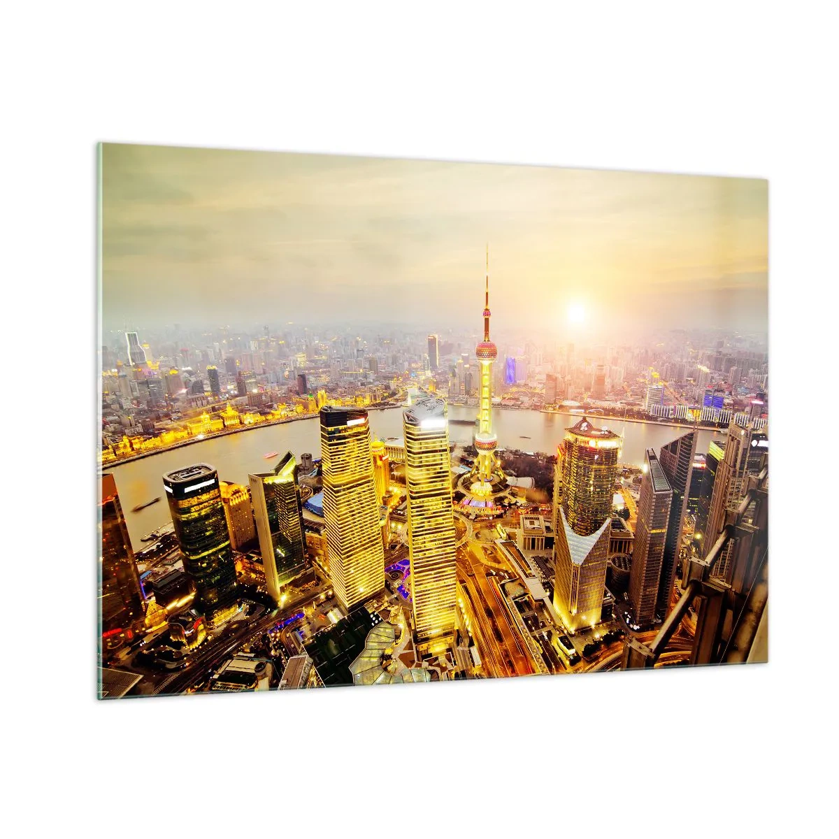 Quadro su vetro - Panorama della città al tramonto con grattacieli - 100x70cm - Sogno asiatico - Decorazione murale moderna per soggiorno e camera da letto ARTTOR