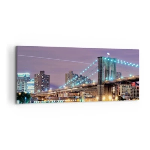 Quadro su tela - Stampe su Tela - Ponte di Brooklyn di notte con la città illuminata sullo sfondo - 120x50cm - Da tanti anni il ponte di Brooklyn - Decorazione murale moderna per soggiorno e camera da letto ARTTOR