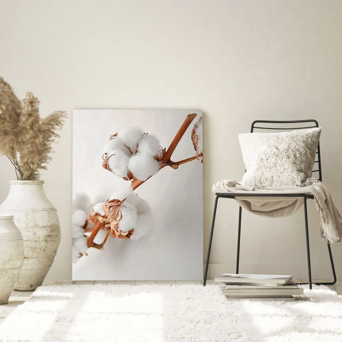 Quadro su vetro - Primo piano di un ramo di cotone su uno sfondo chiaro - 50x70cm - Semplicemente un abbraccio - Decorazione murale moderna per soggiorno e camera da letto ARTTOR
