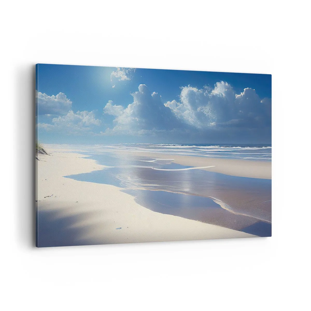 Quadro su tela - Stampe su Tela - Una spiaggia sabbiosa con onde sotto un cielo azzurro - 120x80cm - Vacanze in paradiso - Decorazione murale moderna per soggiorno e camera da letto ARTTOR