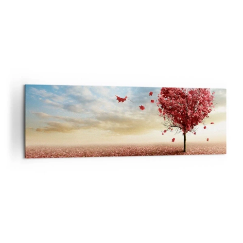 Quadro su tela - Stampe su Tela - Un albero solitario a forma di cuore in un campo di foglie rosse - 160x50cm - Ama questo autunno - Decorazione murale moderna per soggiorno e camera da letto ARTTOR