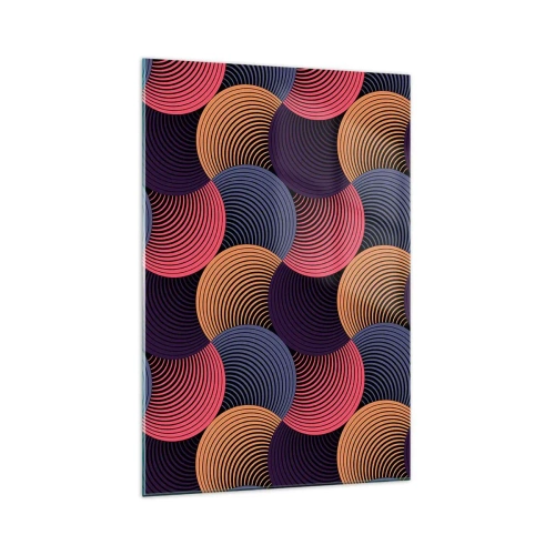 Quadro su vetro - Cerchi geometrici nelle tonalità del rosa, viola e oro - 70x100cm - Al ritmo delle sfere - Decorazione murale moderna per soggiorno e camera da letto ARTTOR